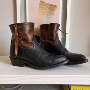 Frye Women’s Leather Booties - Two-tone black and brown western style, size 7